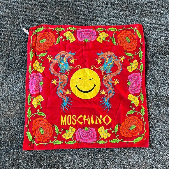 MOSCHINO Dragon Floral Print Cotton Handkerchief Hankie Scarf Red Smiley Facey - Picture 1 of 11